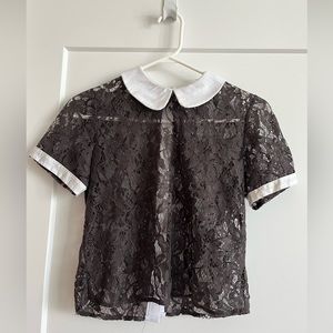 Grey Lace Cropped Shirt with Peter Pan-style Collar